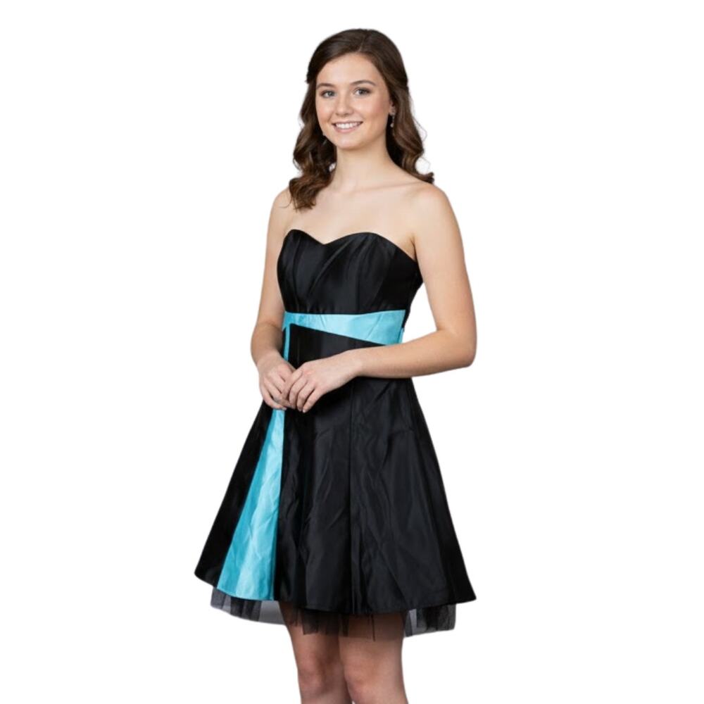 Gunne Sax Jessica McClintock Y2K Strapless Dress Satin Black Blue Bow Tulle 5/6